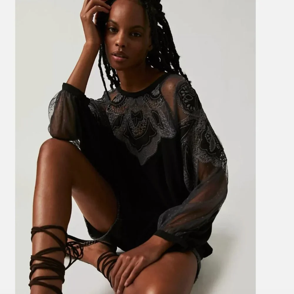 NEW Free People Toni Blouse  Black Mesh  Lace Trim Super Oversized